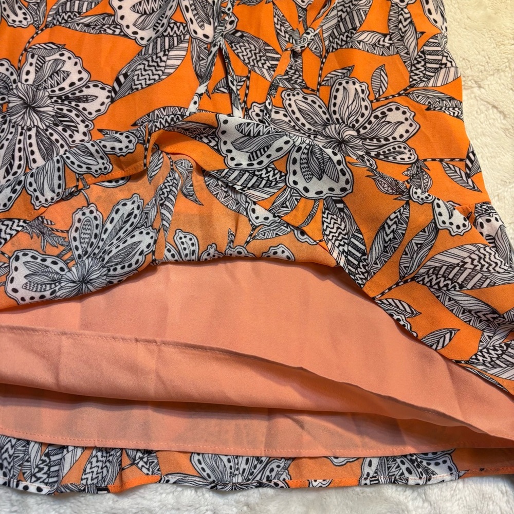 SALE! LOFT Dress XS Orange Black White Floral Mini Retro Ruffle Elastic Neckline - Picture 12 of 16